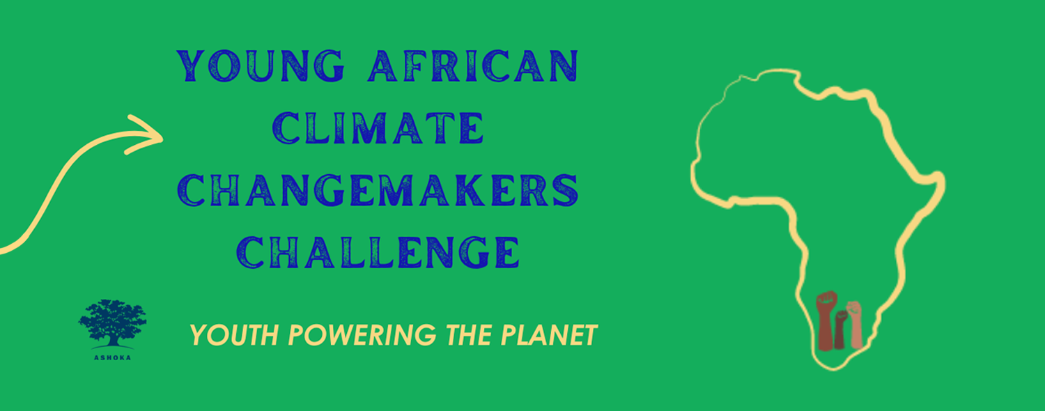 The web banner image for the Young African Climate Changemakers Challenge. It is a green background with blue text and an line illustration of the continent of Africa in a light tan color.