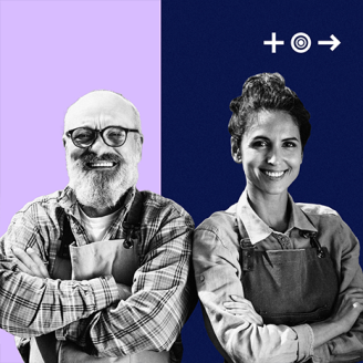 A black and white photo of a man wearing glasses and woman with black hair in a top bun posing beside each other, both have crossed arms. They are superimposed onto a graphic background, two vertical rectangles in lavender and dark blue splitting the square image in half, with the Together Towards Tomorrow logo in the top right.