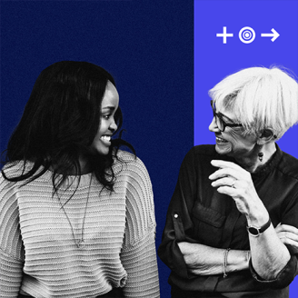 A black and white photo of two women, one black and one white, side-by-side speaking with eachother and smiling. They are placed over a purple background with the Together Towards Tomorrow logo in the top right.
