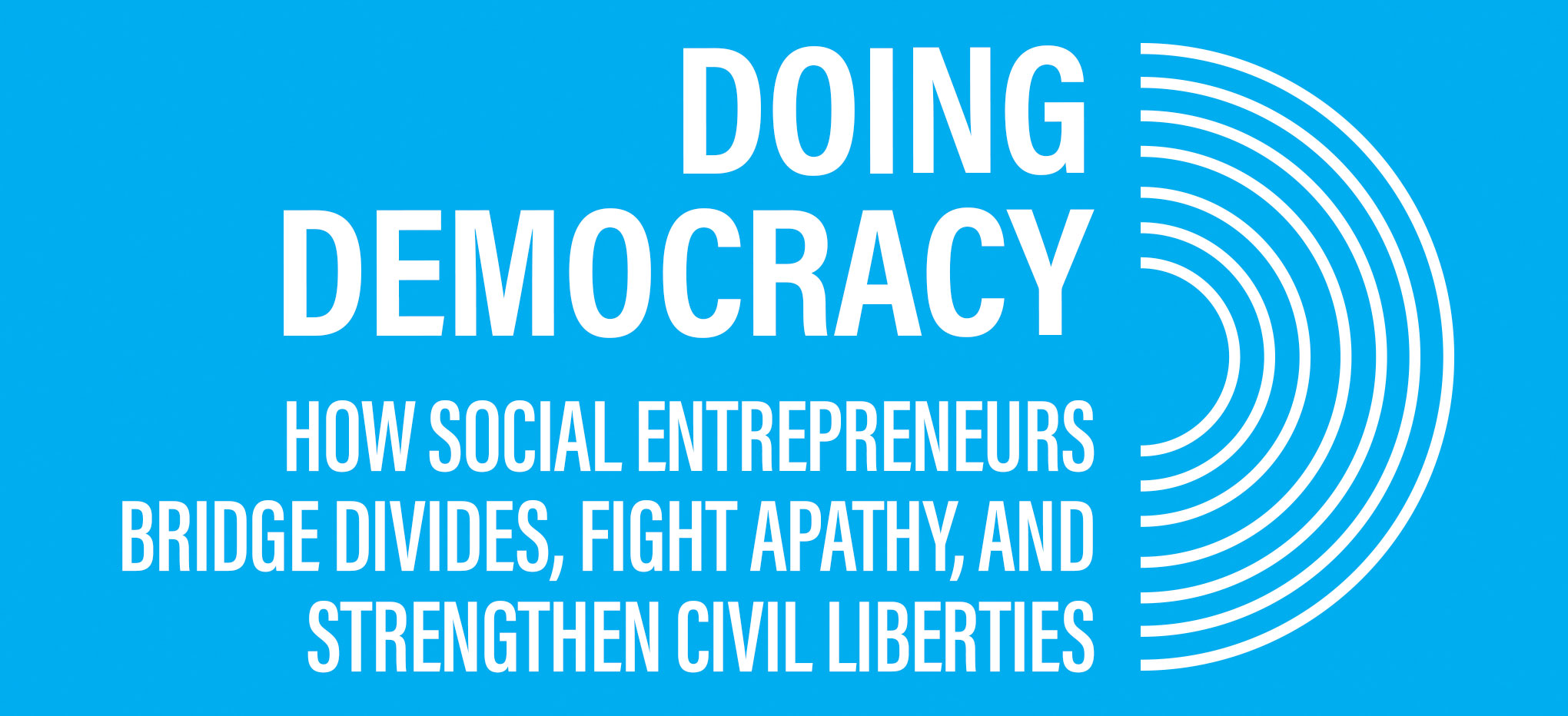 A web banner that reads Doing Democracy How Social Entrepreneurs Bridge Divides, Fight Apathy, and Strength