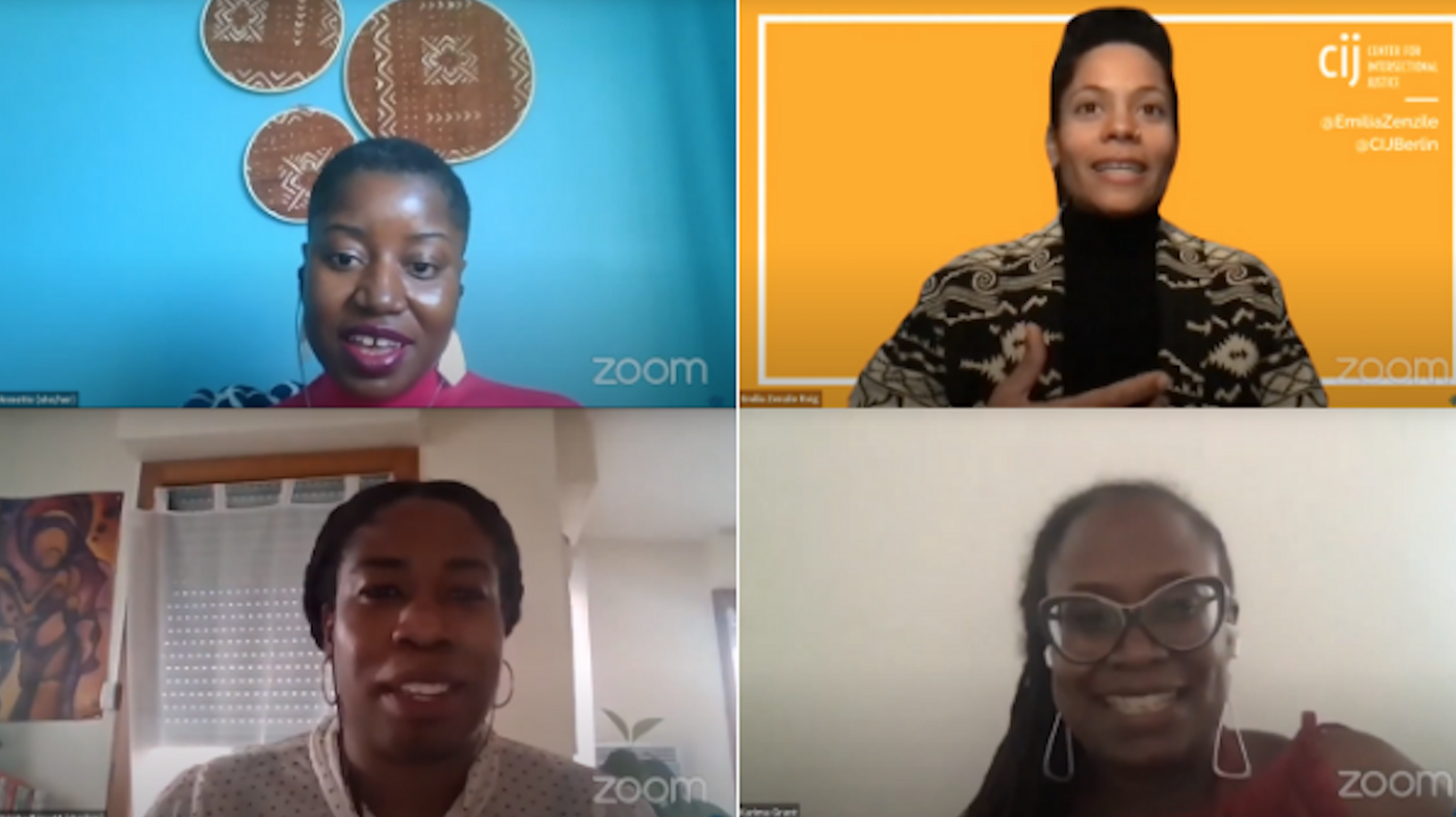 Ashoka Fellows Emilia Roig, Karima Grant, McGee Johnson, and the moderator Yeleka Barrett in a Zoom conversation about equity. 