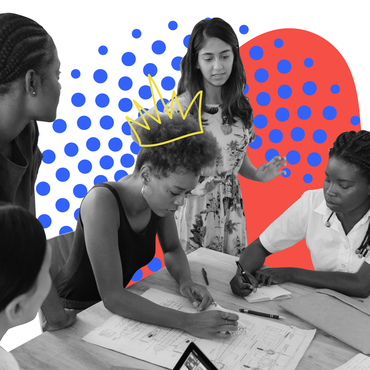 A collage with a group of people working together. 