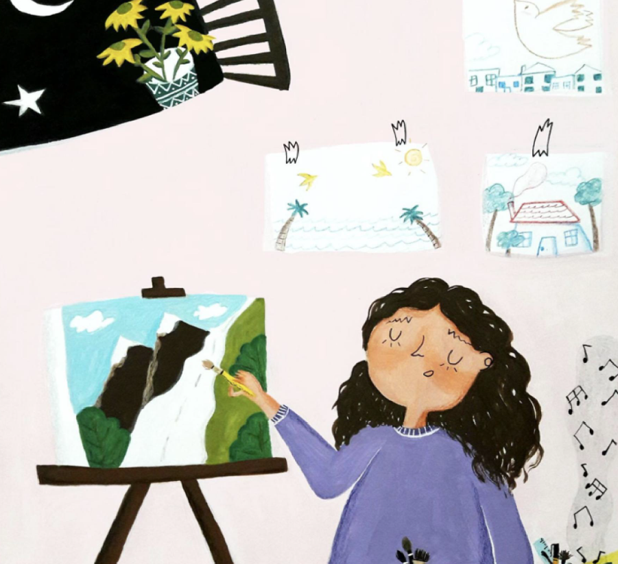 An illustration from the book Art for All. It depicts a young girl dressed in purple painting an image of mountains. The painting is on an easel. A light pink wall in the background has several paintings hung on it with tape.