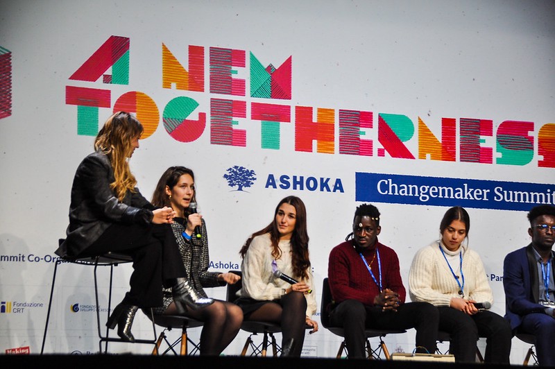 Ashoka Fellows speaking in a panel at Ashoka Changemakers Summit in Turin, Italy. 
