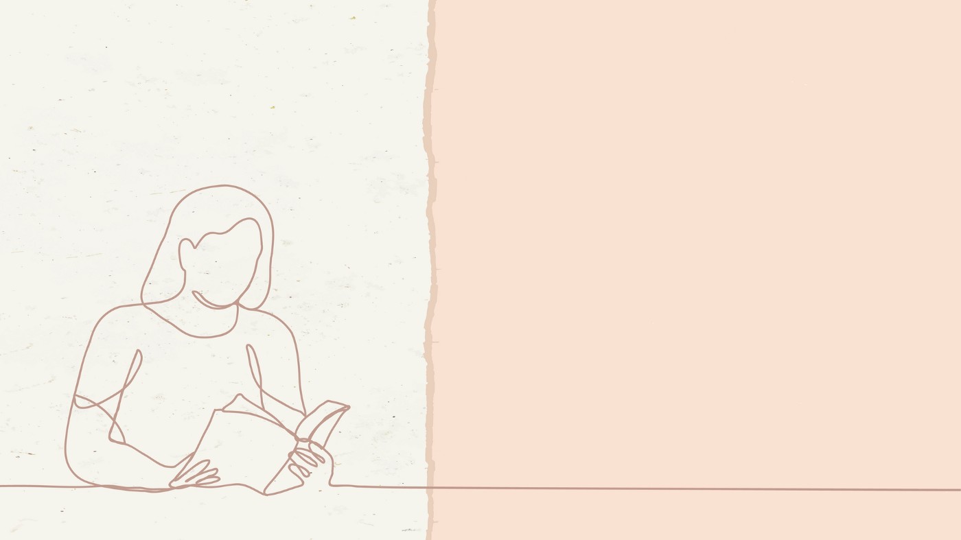Drawing of a person reading in the left and a soft pink background in the right side. 