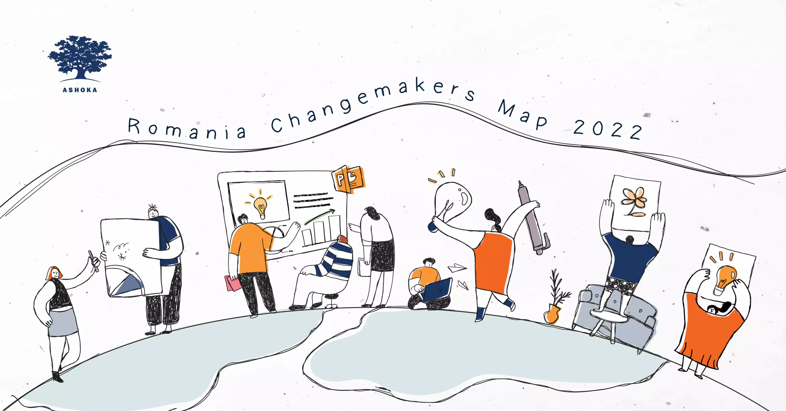 An illustrated image with several people sharing ideas. Across the top of the image in a handwritten script reads "Romania Changemakers Map 2022" accompanied by the Ashoka logo.