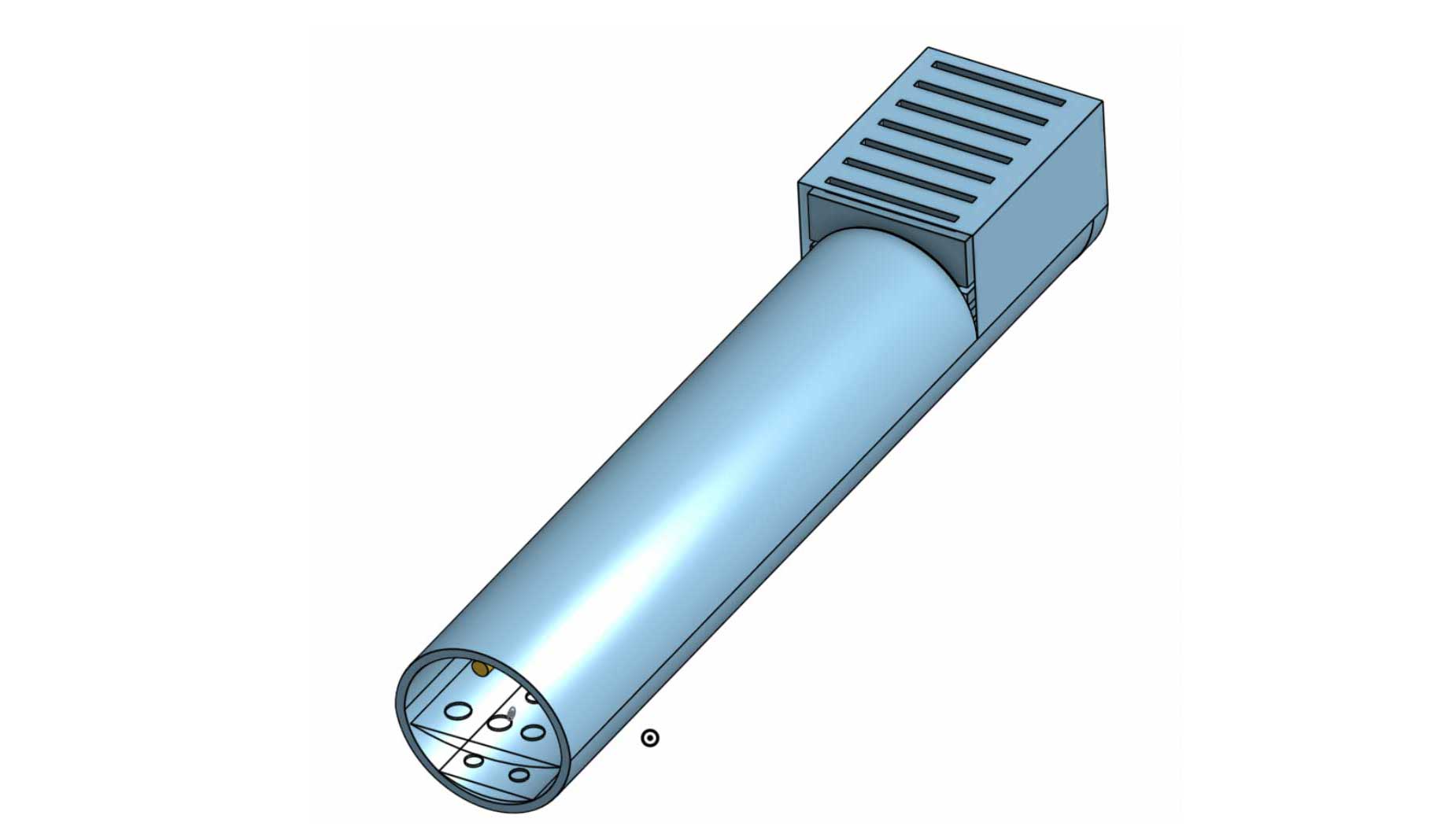 A CAD illustration of Go Green Filter's revolutionary filtration design. It appears to be a cylindrical tube with a filter at one end and an open end with some inner workings at the other.