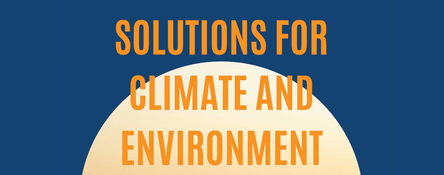 Text reads "Solutions for Climate and Environment" on a blue background with half a circle rising from the bottom.