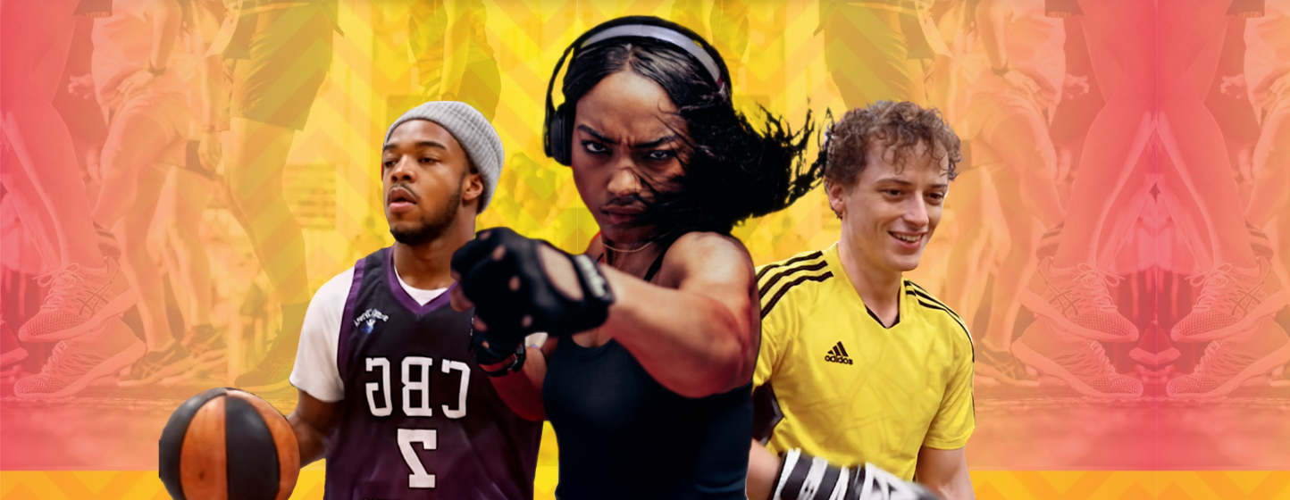 A vibrant collage of three young athletes in front of a colourful, layered sports background. A basketball player in a dark jersey and grey beanie holds a basketball on the left, a woman wearing headphones and black boxing gloves stands in the centre, and a football player in a yellow jersey stands on the right.