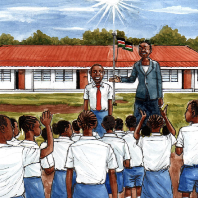 An image from the book, Rebecca, the Maasai Changemaker. It is an illustration of a group of children dressed in school uniform, facing towards a young smiling girl and a smiling woman. In the background is a white school with a red roof and a Kenyan flag.