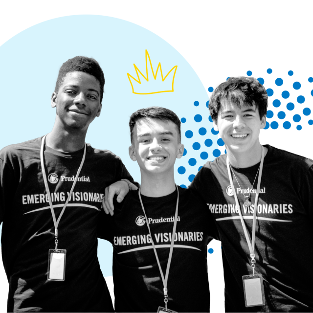 Graphic illustration of Prudential Emerging Visionaries winners Okezue Bell, Lucas Faro, and Kean Dao