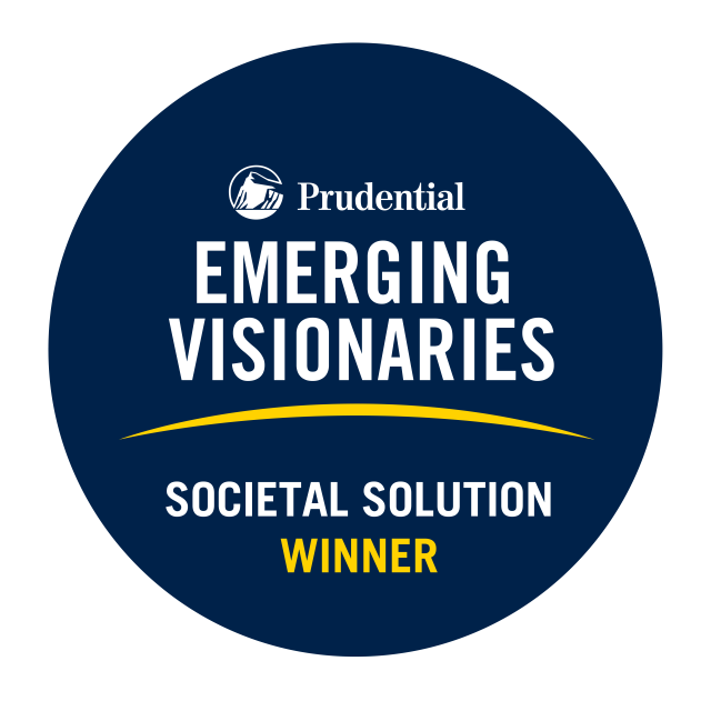 A blue circular badge in Prudential Emerging Visionaries dark blue. The Prudential Logo is across the top. The badge reads "Emerging Visionaries" in large block text. Below it reads "Societal Solution Winner"