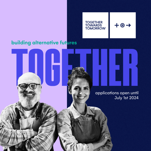 A black and white photo of an older man and younger woman standing shoulder to shoulder with their arms crossed smiling. They are superimposed over a graphical image, block colors in lavendar and dark blue that divide the image in half. The text reads building alternative futures together.