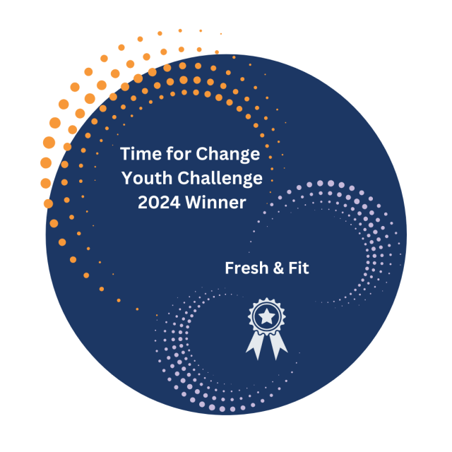 Dark Blue Circle with Orange and Purple dots, white medal, white text reading: Time for Change Youth Challenge 2024 Winner Fresh & Fit