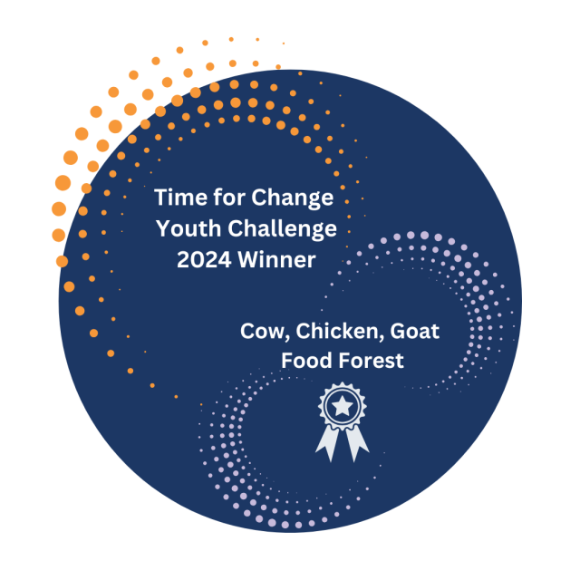 Dark Blue Circle with Orange and Purple dots, white medal, white text reading: Time for Change Youth Challenge 2024 Winner Cow, Chicken, Goat Food Forest