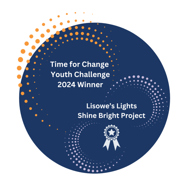 Dark Blue Circle with Orange and Purple dots, white medal, white text reading: Time for Change Youth Challenge 2024 Winner Lisowe's Lights Shine Bright Project