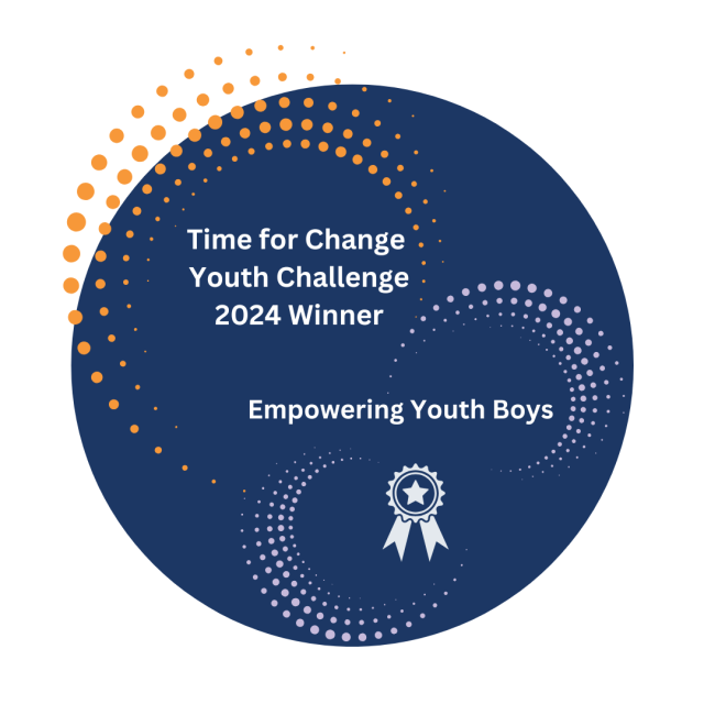 Dark Blue Circle with Orange and Purple dots, white medal, white text reading: Time for Change Youth Challenge 2024 Winner Empowering Youth Boys