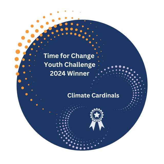 Dark Blue Circle with Orange and Purple dots, white medal, white text reading: Time for Change Youth Challenge 2024 Winner Climate Cardinals