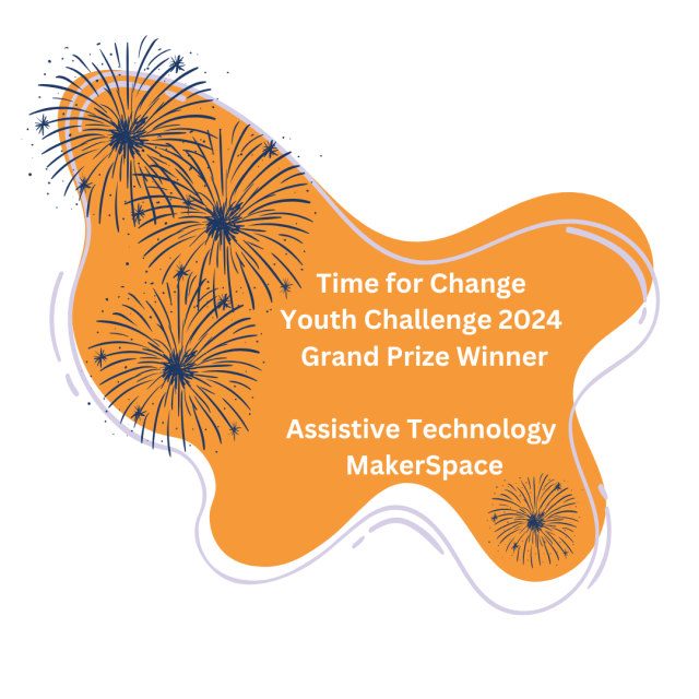 Dark Blue Circle with Orange and Purple dots, white medal, white text reading: Time for Change Youth Challenge 2024 Grand Prize Winner Assistive Technology MakerSpace