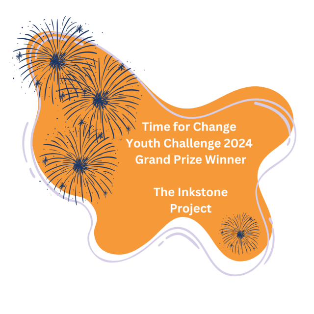 Dark Blue Circle with Orange and Purple dots, white medal, white text reading: Time for Change Youth Challenge 2024 Grand Prize Winner The Inkstone Project