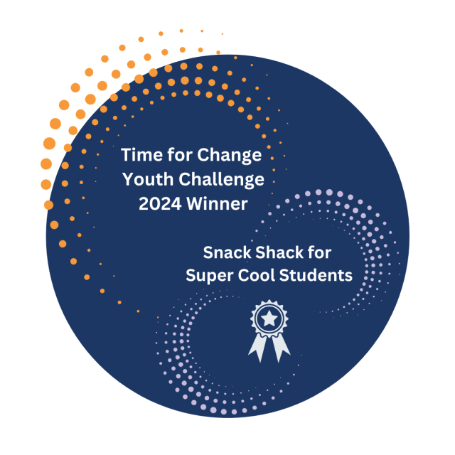 Dark Blue Circle with Orange and Purple dots, white medal, white text reading: Time for Change Youth Challenge 2024 Winner Snack Shack for Super Cool Students