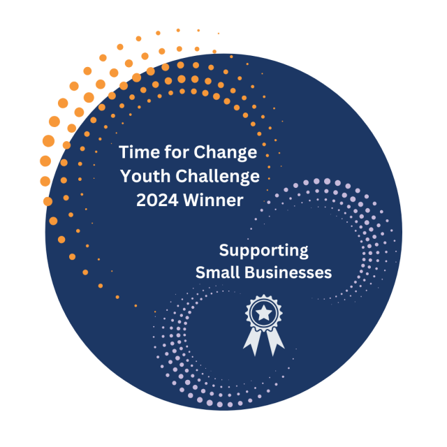 Dark Blue Circle with Orange and Purple dots, white medal, white text reading: Time for Change Youth Challenge 2024 Winner Supporting Small Businesses
