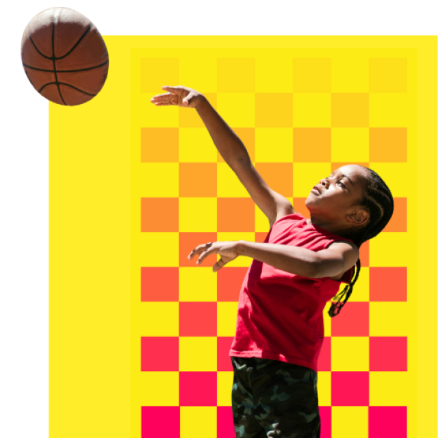 A black child wearing a red jersey throwing a basketball. They are superimposed on a yellow background with a fading magenta checkerboard graphic.