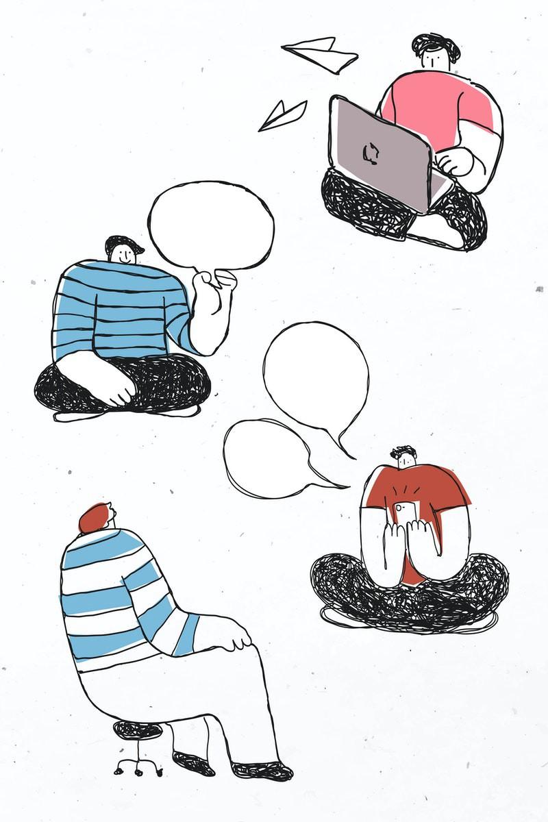 Drawings with people doing different activities (working, thinking, etc.)