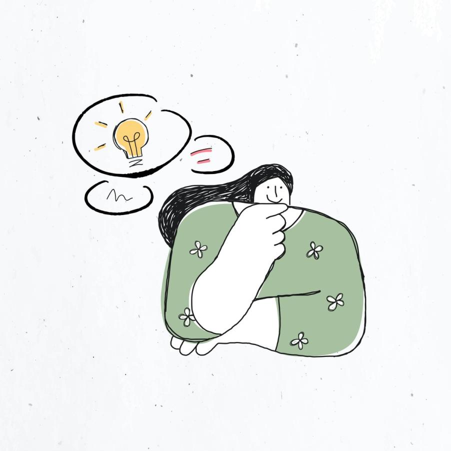 The picture is a drawing with a person thinking about an idea. 