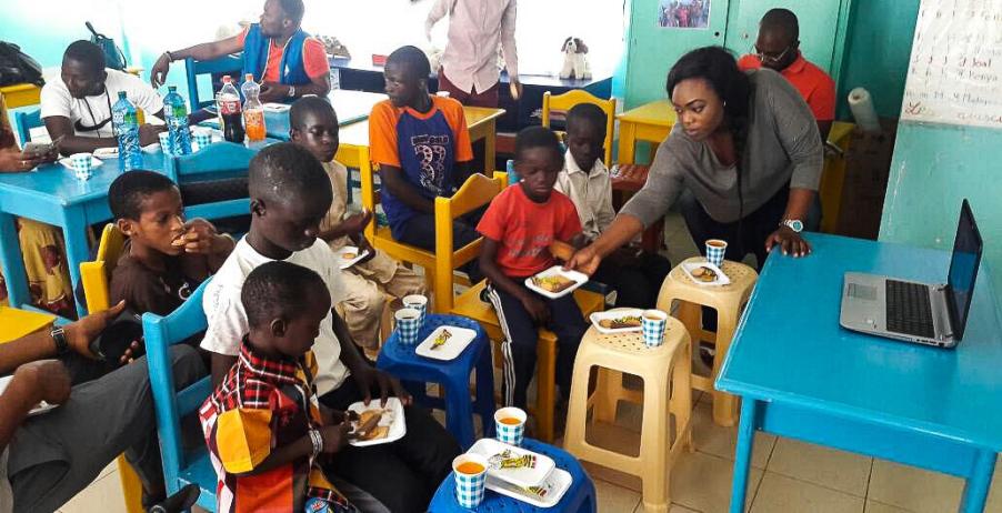 A video projection session for children with disabilities held in the NGINDI center in Dakar, Senegal.