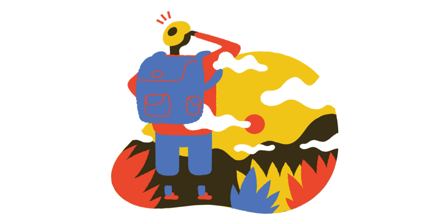 Colourful illustration with someone looking far away. 