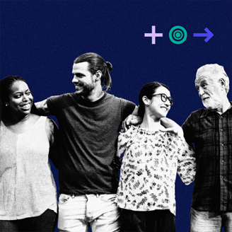 A black and white photo of a multi-generational, multi-racial group of four looking at each other smiling with their hands over each other's shoulders over a simple dark blue background. The Together Towards Tomorrow logo is in the top right.