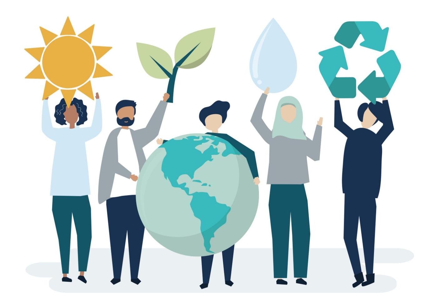 Illustration with people handling elements of the planet and climate: the sun, the globe etc. 