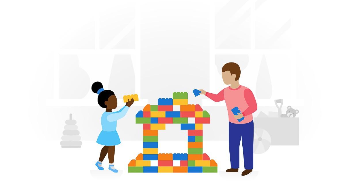 Graphic design of two children playing together. 