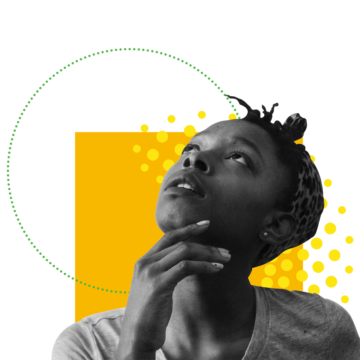 Collage with a young person looking upwards and wondering. 