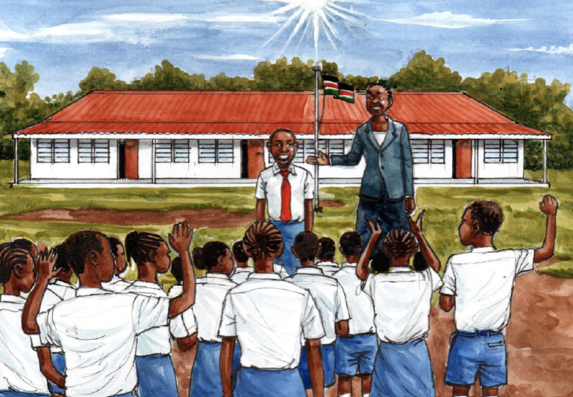 An image from the book, Rebecca, the Maasai Changemaker. It is an illustration of a group of children dressed in school uniform, facing towards a young smiling girl and a smiling woman. In the background is a white school with a red roof and a Kenyan flag.