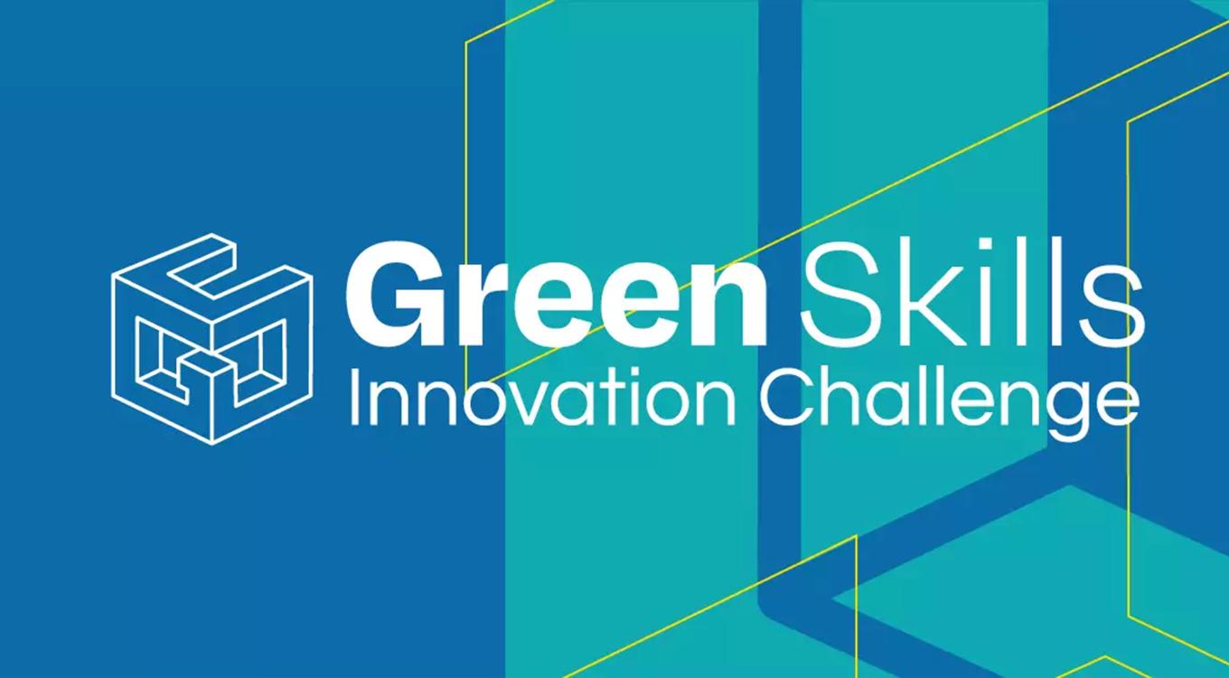 A banner with reading "Green Skills Innovation Challenge" with the cube-shaped logo to its left. The background of the image is blue with large geometric shapes in teal and thin lines in yellow