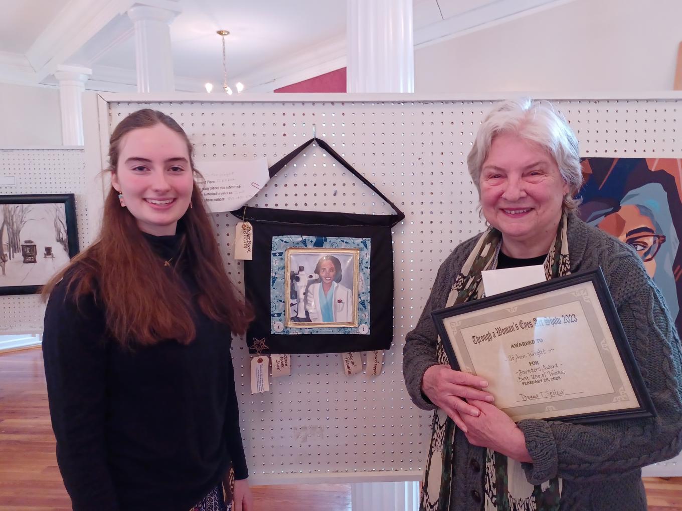 President Alexandra Himmel with artists Jo Ann Wright, who won Best Use of Theme for Pocketbook