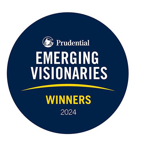 A circular badge image in the Prudential Emerging Visionaries dark blue. Across the top is the Prudential logo and large white block text that reads "Emerging Visionaries". Underneath reads "Winners 2024".
