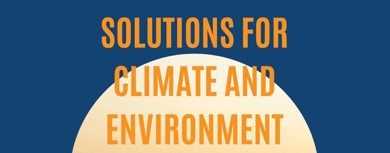 Text reads "Solutions for Climate and Environment" on a blue background with half a circle rising from the bottom.