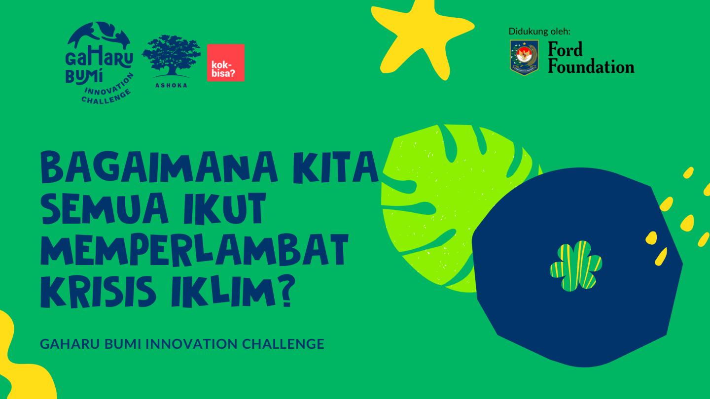 A green banner that reads "Bahaimana Kita Semua Iku Memperlambat Krisis Iklim?"