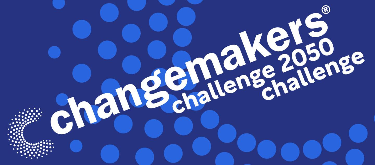 A graphic blue background with dots and white text. The text includes the Changemakers logo and reads "Changemakers challenge 2050 challenge"