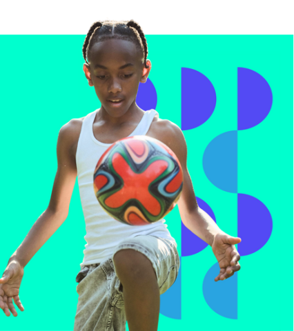 A young black boy bounces a colorful football on their knee. They are superimposed over a graphic background with four, vertical rows of violet half-circles.