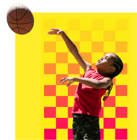 A black child wearing a red jersey throwing a basketball. They are superimposed on a yellow background with a fading magenta checkerboard graphic.
