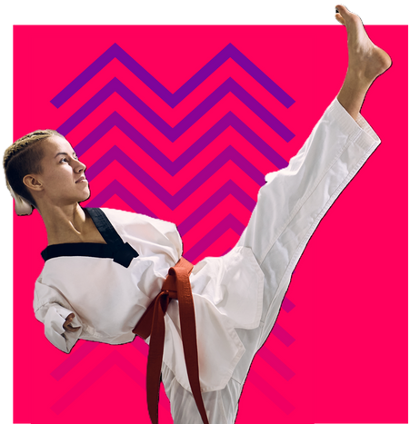 A young woman wearing a karate gi and a red belt is posed kicking high into the air. The woman looks to be disabled, she doesn't have arms. She is superimposed over a magenta background with a violet, chevron graphic pattern.